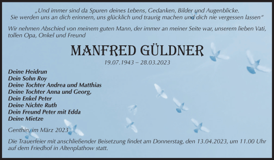 Traueranzeige von Manfred Güldner von Volksstimme Burg/Genthin
