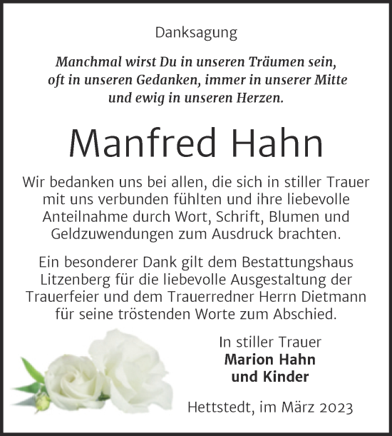 Traueranzeige von Manfred Hahn von Trauerkombi Mansfelder Land