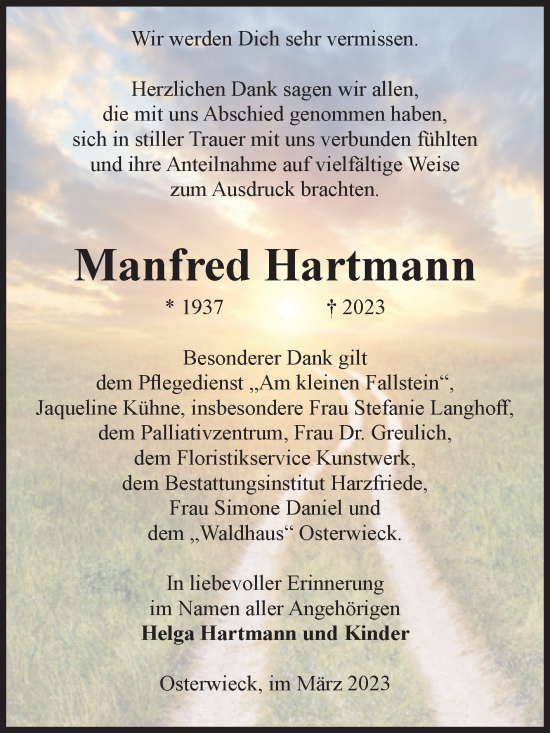 Traueranzeige von Manfred Hartmann von Volksstimme Halberstadt