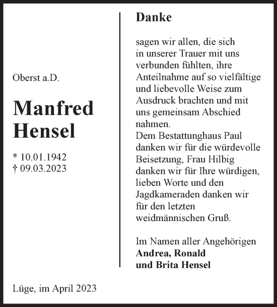 Traueranzeige von Manfred Hensel von Volksstimme Altmark West