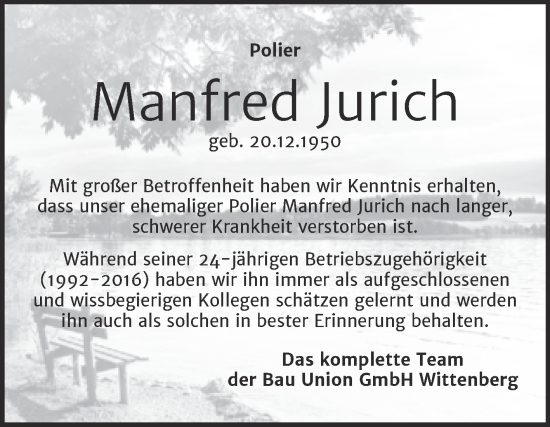 Traueranzeige von Manfred Jurich von Super Sonntag Wittenberg