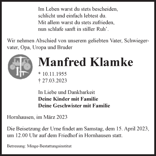 Traueranzeige von Manfred Klamke von Volksstimme Oschersleben/Wanzleben
