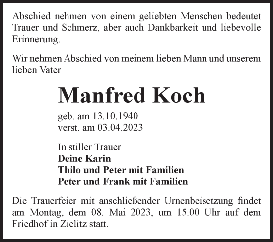 Traueranzeige von Manfred Koch von Volksstimme Magdeburg