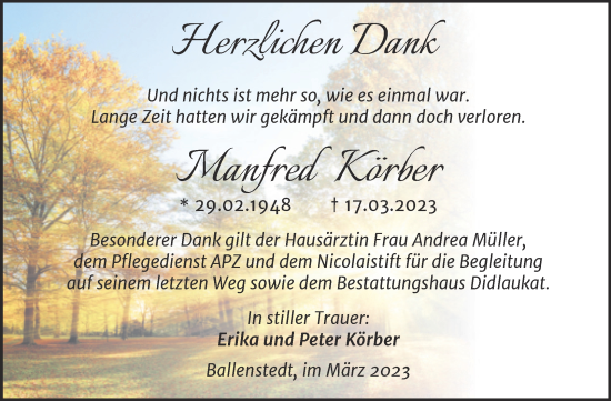 Traueranzeige von Manfred Körber von Trauerkombi Quedlinburg