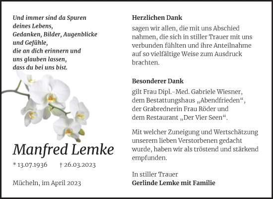Traueranzeige von Manfred Lemke von Trauerkombi Merseburg