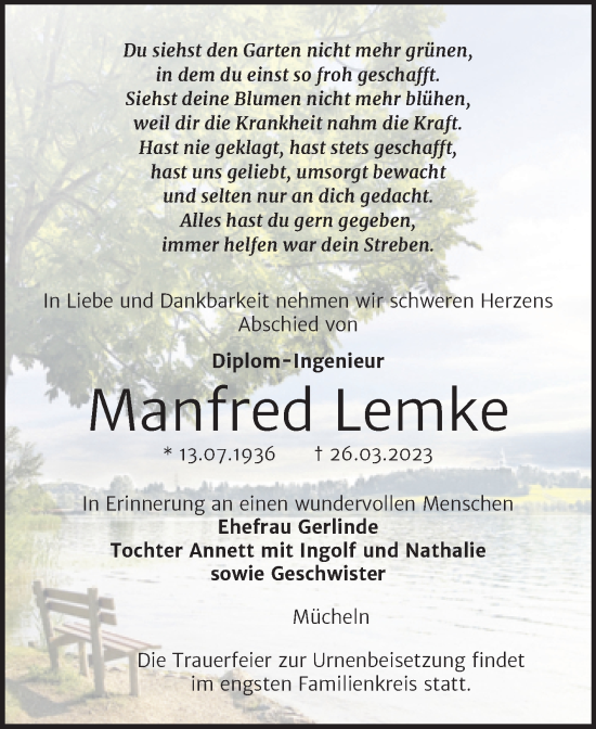 Traueranzeige von Manfred Lemke von Trauerkombi Merseburg