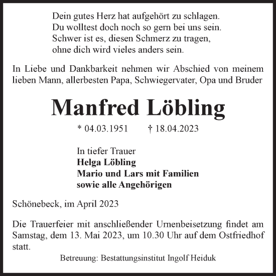 Traueranzeige von Manfred Löbling von Volksstimme Schönebeck