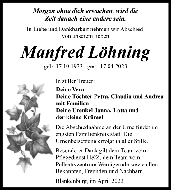 Traueranzeige von Manfred Löhning von Volksstimme Wernigerode