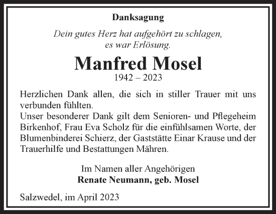 Traueranzeige von Manfred Mosel von Volksstimme Altmark West