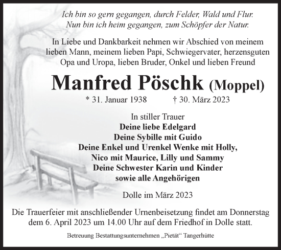 Traueranzeige von Manfred Pöschk von Volksstimme Altmark Ost