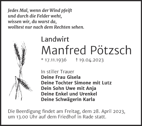 Traueranzeige von Manfred Pötzsch von Trauerkombi Wittenberg
