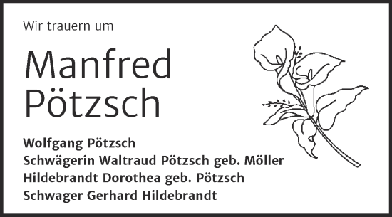 Traueranzeige von Manfred Pötzsch von Mitteldeutsche Zeitung