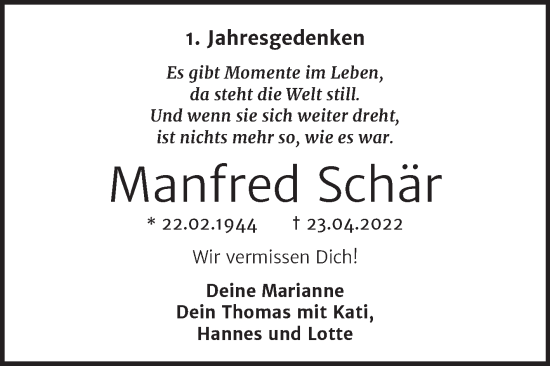 Traueranzeige von Manfred Schär von Trauerkombi Dessau