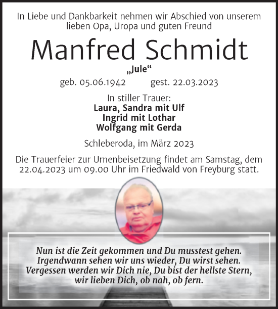 Traueranzeige von Manfred Schmidt von Wochenspiegel Merseburg/Querfurt