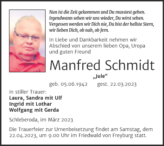 Traueranzeige von Manfred Schmidt von Wochenspiegel Naumburg/Nebra