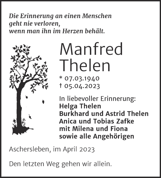 Traueranzeige von Manfred Thelen von Trauerkombi Aschersleben