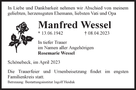 Traueranzeige von Manfred Wessel von Volksstimme Schönebeck