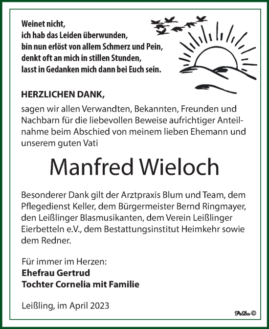 Traueranzeige von Manfred Wieloch von Trauerkombi Weißenfels
