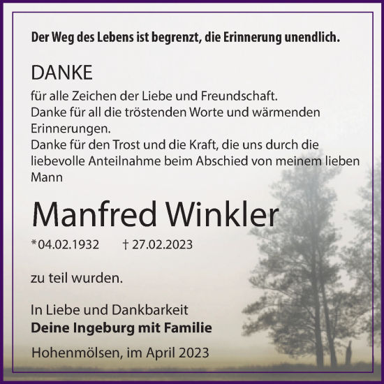 Traueranzeige von Manfred Winkler von Trauerkombi Weißenfels