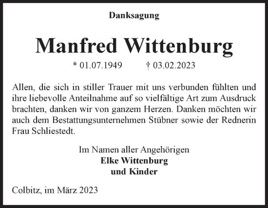 Traueranzeige von Manfred Wittenburg von Volksstimme Haldensleben/Wolmirstedt
