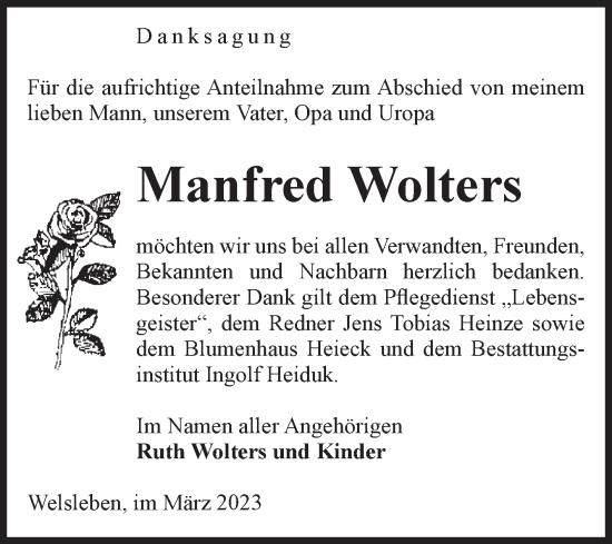 Traueranzeige von Manfred Wolters von Volksstimme Schönebeck