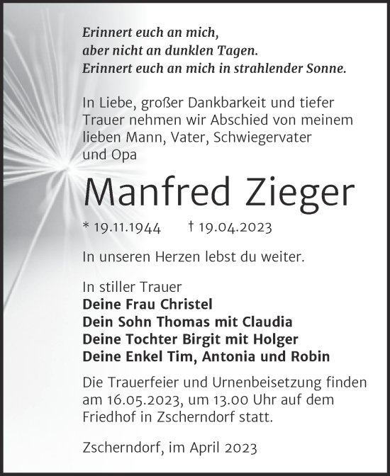 Traueranzeige von Manfred Zieger von Trauerkombi Bitterfeld