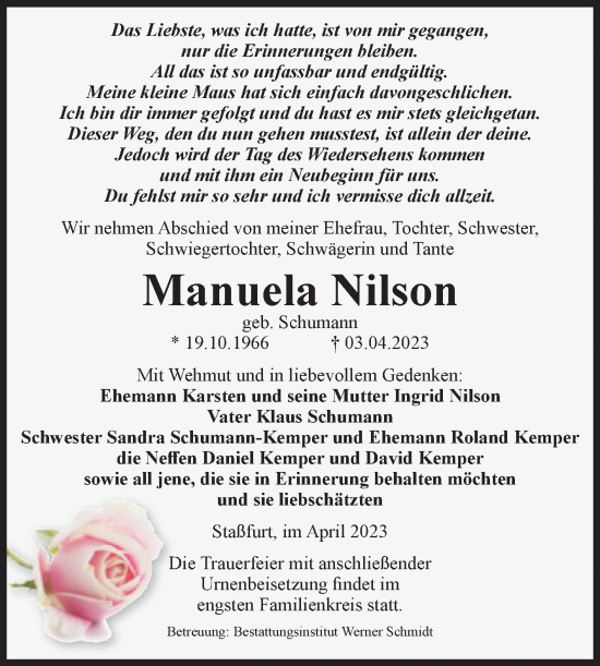 Traueranzeige von Manuela Nilson von Volksstimme Staßfurt