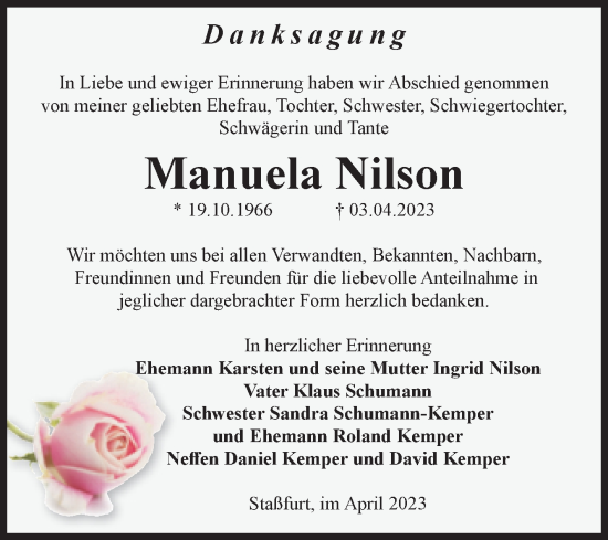 Traueranzeige von Manuela Nilson von Volksstimme Staßfurt