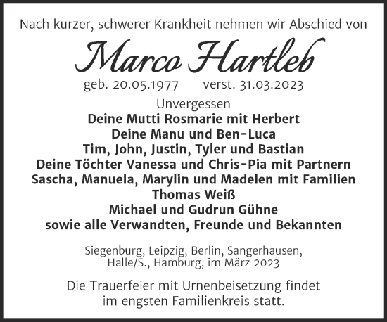 Traueranzeige von Marco Hartleb von Trauerkombi Sangerhausen