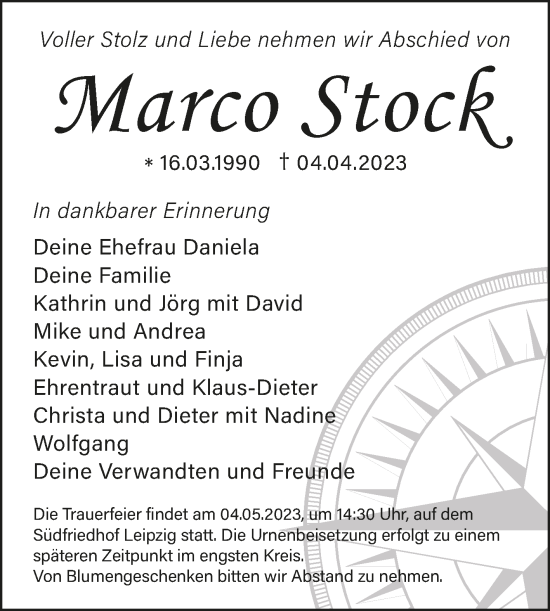 Traueranzeige von Marco Stock von Trauerkombi Weißenfels