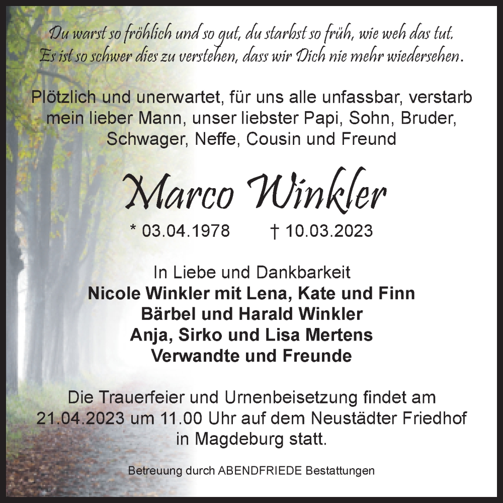  Traueranzeige für Marco Winkler vom 01.04.2023 aus Volksstimme Magdeburg