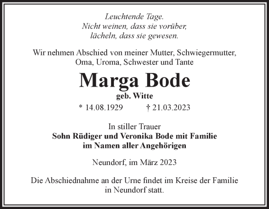 Traueranzeige von Marga Bode von Volksstimme Staßfurt