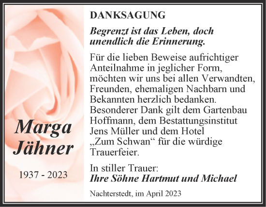 Traueranzeige von Marga Jähner von Trauerkombi Aschersleben