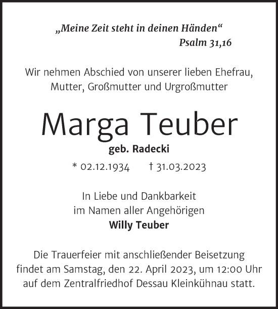 Traueranzeige von Marga Teuber von Trauerkombi Dessau