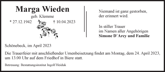 Traueranzeige von Marga Wieden von Volksstimme Schönebeck