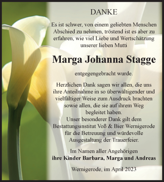 Traueranzeige von Marga Johanna Stagge von Volksstimme Wernigerode