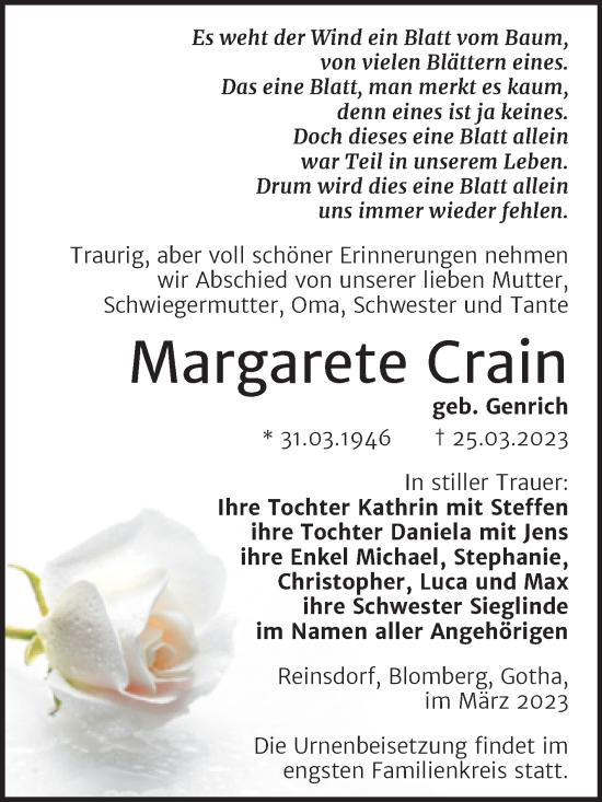 Traueranzeige von Margarete Crain von Super Sonntag Naumburg/Nebra