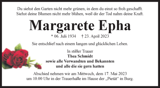 Traueranzeige von Margarete Epha von Volksstimme Burg/Genthin