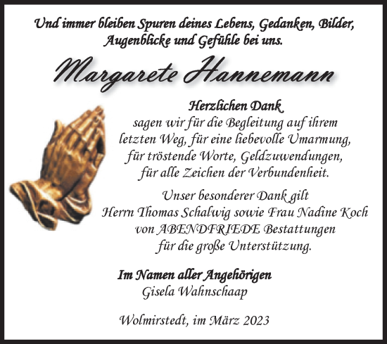 Traueranzeige von Margarete Hannemann von Volksstimme Haldensleben/Wolmirstedt