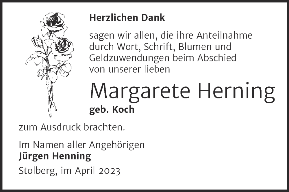  Traueranzeige für Margarete Herning vom 15.04.2023 aus Trauerkombi Sangerhausen