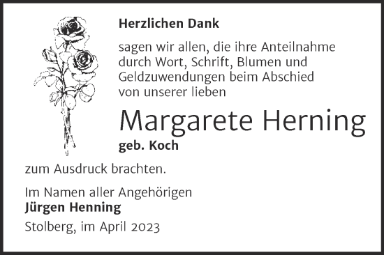Traueranzeige von Margarete Herning von Trauerkombi Sangerhausen