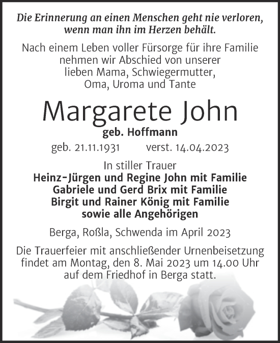 Traueranzeige von Margarete John von Trauerkombi Sangerhausen
