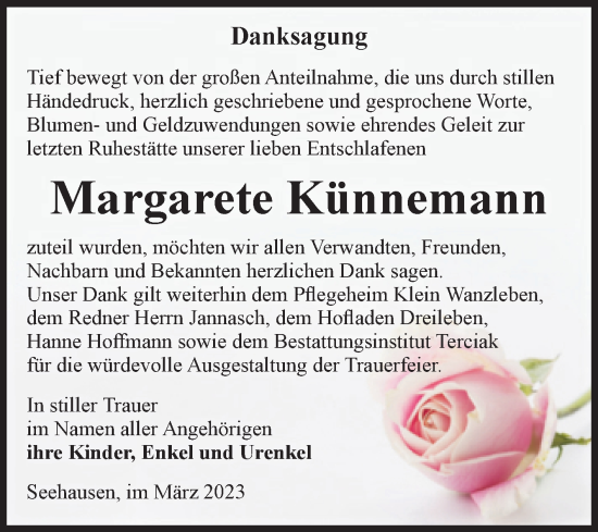 Traueranzeige von Margarete Künnemann von Volksstimme Oschersleben/Wanzleben
