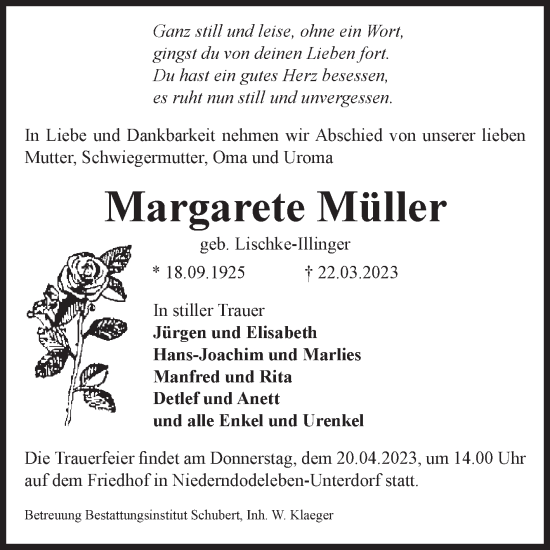 Traueranzeige von Margarete Müller von Volksstimme Haldensleben/Wolmirstedt
