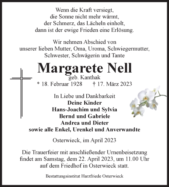 Traueranzeige von Margarete Nell von Volksstimme Halberstadt