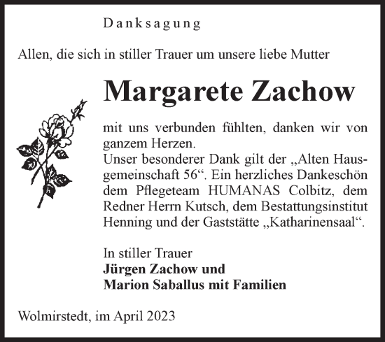 Traueranzeige von Margarete Zachow von Volksstimme Haldensleben/Wolmirstedt