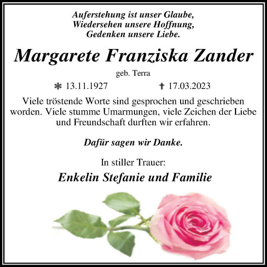 Traueranzeige von Margarete Franziska Zander von Trauerkombi Dessau