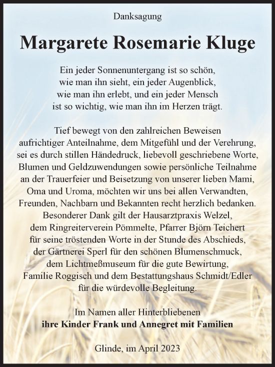 Traueranzeige von Margarete Rosemarie Kluge von Volksstimme Schönebeck