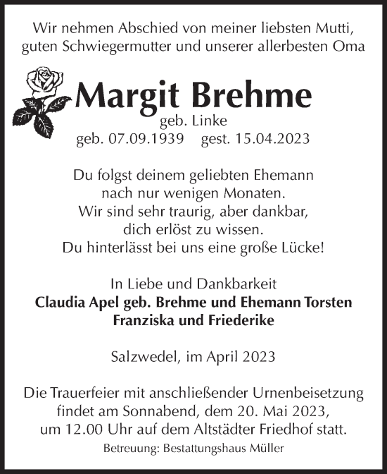 Traueranzeige von Margit Brehme von Volksstimme Altmark West