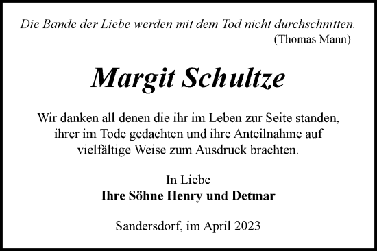 Traueranzeige von Margit Schultze von Trauerkombi Bitterfeld
